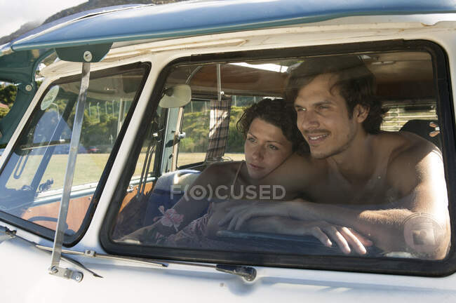 View through windscreen of couple in campervan — Stock Photo