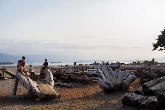 Familie sitzt auf Holzskulptur am Strand, Vancouver, britische Kolumbia, Kanada — Stockfoto