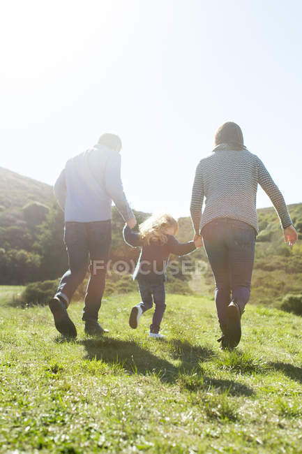 Vue arrière du couple adulte moyen et de la fille se promenant dans le champ — Photo de stock