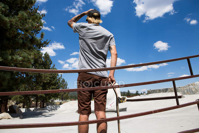 Rear view of young male skateboarder looking out at skate park, Mammoth Lakes, California, USA — Stock Photo