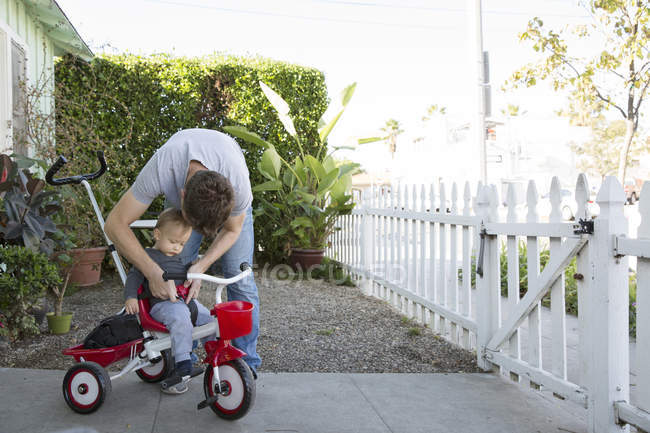 Отец и привязывание маленького сына к трехколесному велосипеду — стоковое фото