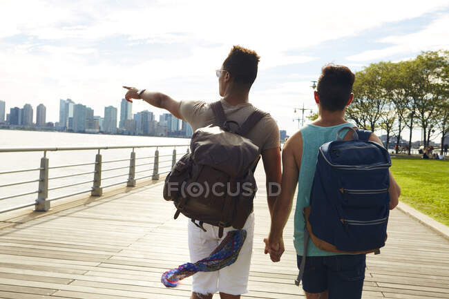 Junges männliches Paar spaziert am Ufer des East River, New York, USA — Stockfoto