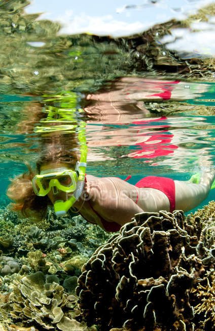 Fille plongée avec tuba sur le récif corallien — Photo de stock