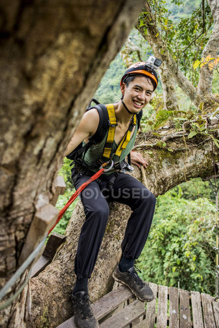 Hombre sentado en el árbol con arnés mirando a la cámara y sonriendo, provincia de Champassak, Paksong, Laos - foto de stock