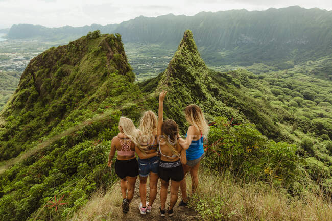 Rear view of friends on grass covered mountain, Oahu, Hawaii, USA — Stock Photo