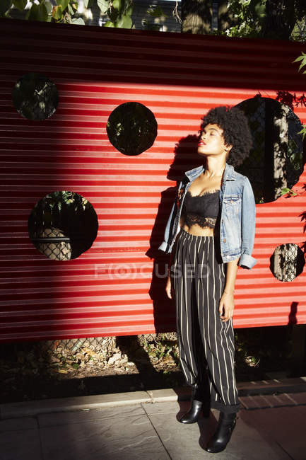Junge weibliche Mode-Bloggerin mit geschlossenen Augen durch sonnenbeschienenen Zaun, New York, USA — Stockfoto