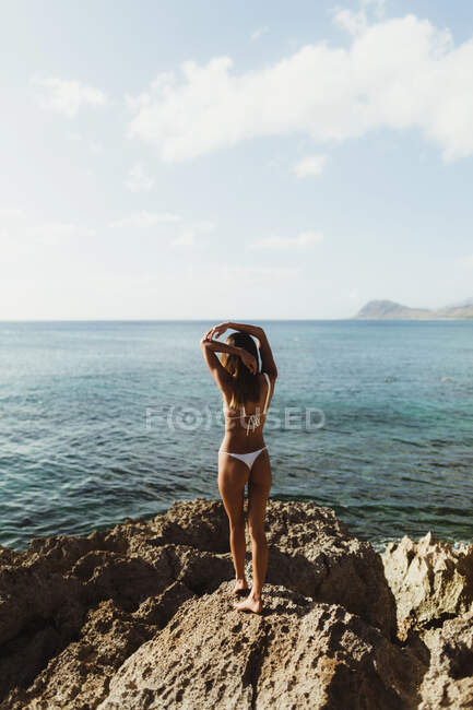 Visão traseira da mulher vestindo biquíni olhando para a vista do mar, Oahu, Havaí, EUA — Fotografia de Stock