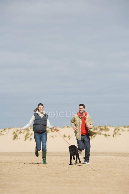 Пара бегущих по пляжу с собакой — стоковое фото