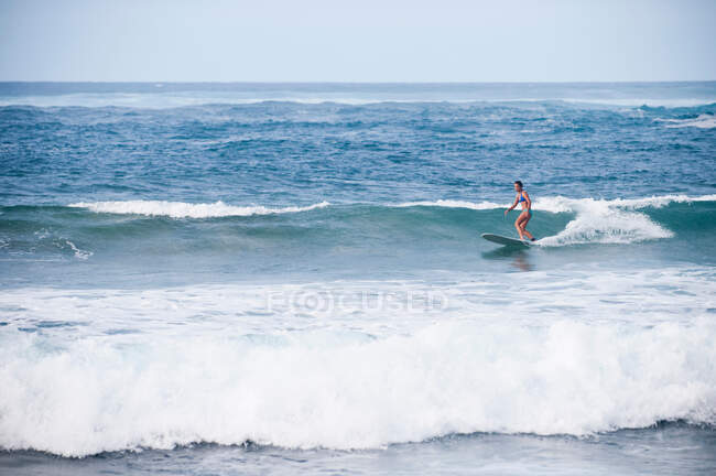 Surfeur chevauchant des vagues rocheuses — Photo de stock