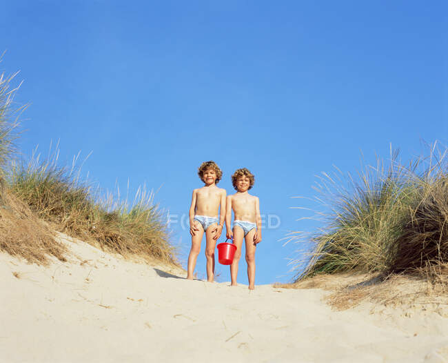 Rapazes gêmeos em uma duna de areia — Fotografia de Stock