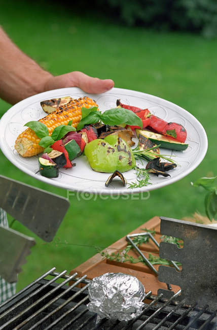Male hand holding plate barbecued vegetables with basil leaves — Stock Photo