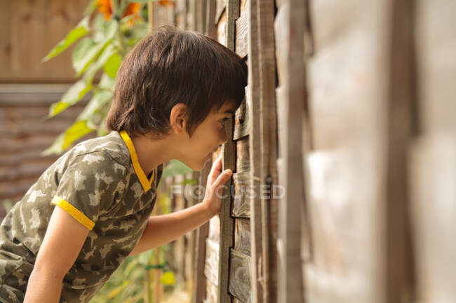 Vista lateral de la cintura hacia arriba del niño mirando a través de una valla de madera - foto de stock