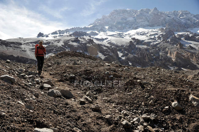 Женщина, спускающаяся в долину Хорконес с Пласа де Мулас на Аконкагуа в горах Анд, провинция Мендоса, Аргентина — стоковое фото