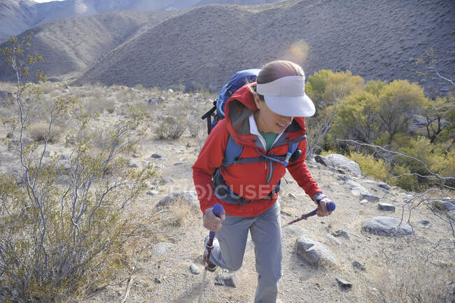 Backpackerin wandert den Cottonwood Canyon hinauf, Death Valley National Park, Kalifornien November 2012. — Stockfoto