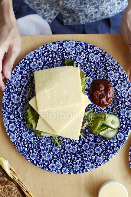 Cheese, salad and dressing on plate, overhead view — Stock Photo