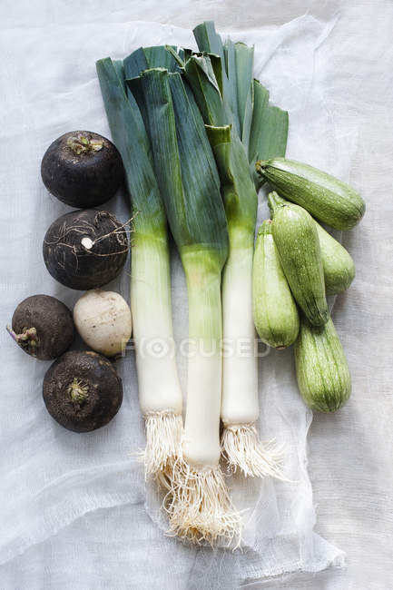Top view of leeks with black turnips and zucchinis — Stock Photo