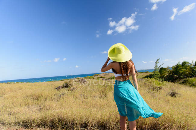 Rückansicht einer Frau, die den grasbewachsenen Strand bewundert — Stockfoto