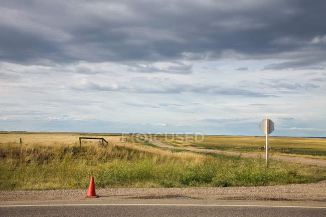 Cone de tráfego na estrada rural — Fotografia de Stock