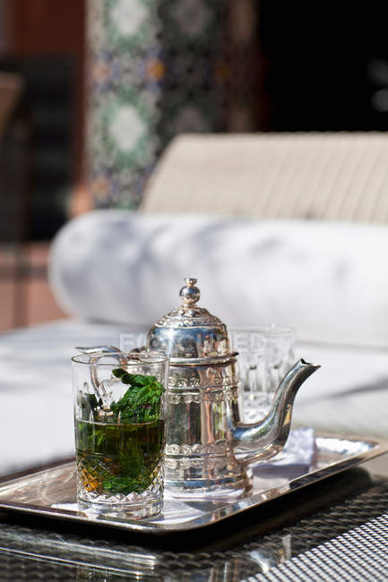 Tray of mint tea in pot — Stock Photo