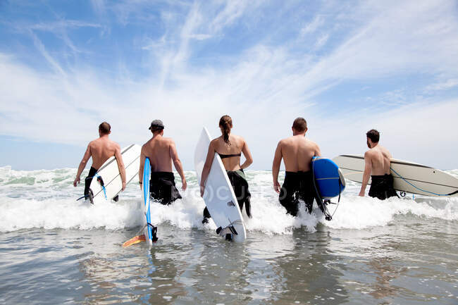 Вид ззаду на групу друзів-чоловіків і жінок-серферів, що блукають у море з дошками для серфінгу — стокове фото