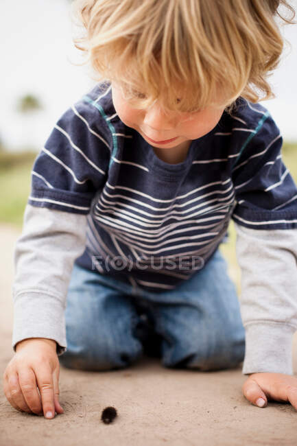 Junge spielt mit Raupe — Stockfoto