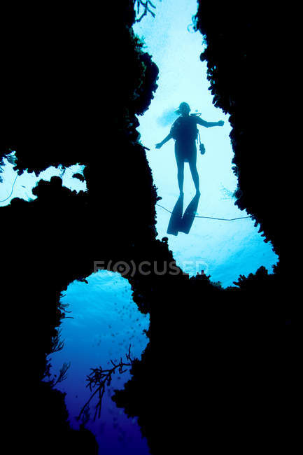 Silhueta de mergulhador através dos corais — Fotografia de Stock