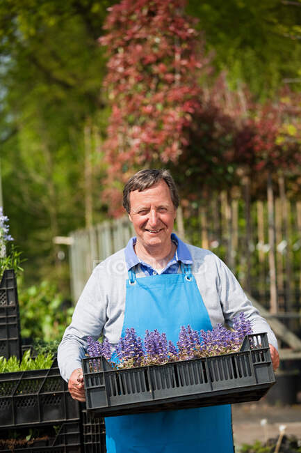 Mann trägt Kiste mit Blumen, Portrait — Stockfoto