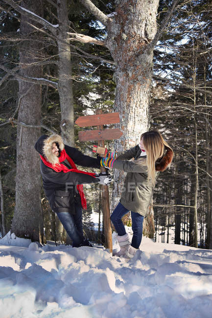 Пара бореться за дерев'яний знак у лісі — стокове фото