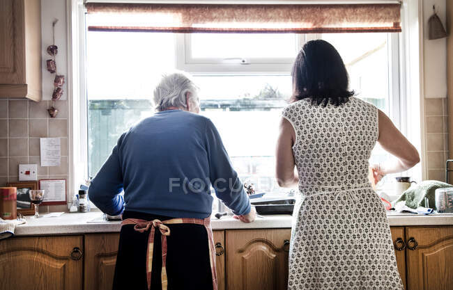 Madre e hija adulta lavando platos juntos - foto de stock