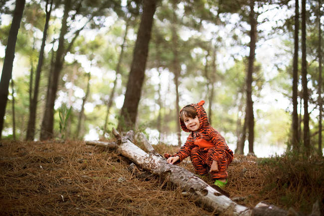 Retrato de criança masculina vestindo terno de tigre brincando na floresta — Fotografia de Stock