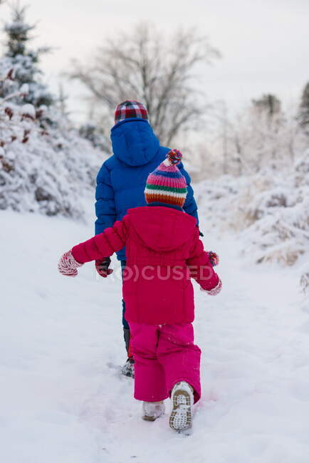 Brother and sister walking in snow — Stock Photo