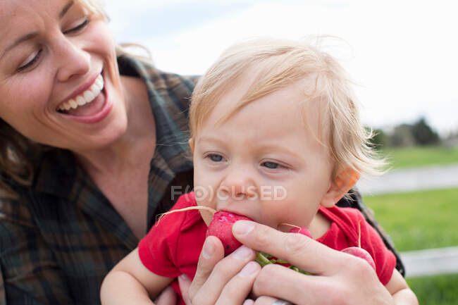 Niño comiendo verduras en el mercado de agricultores - foto de stock