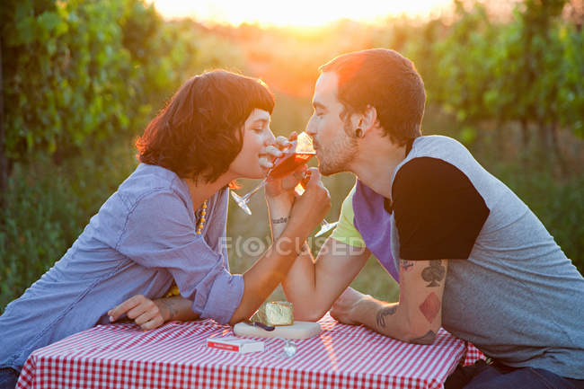 Couple buvant du vin dans un champ — Photo de stock