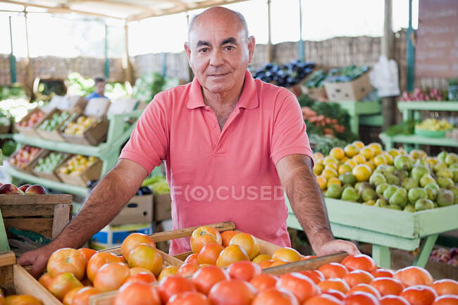 Commerciante di mercato con pomodori — Foto stock