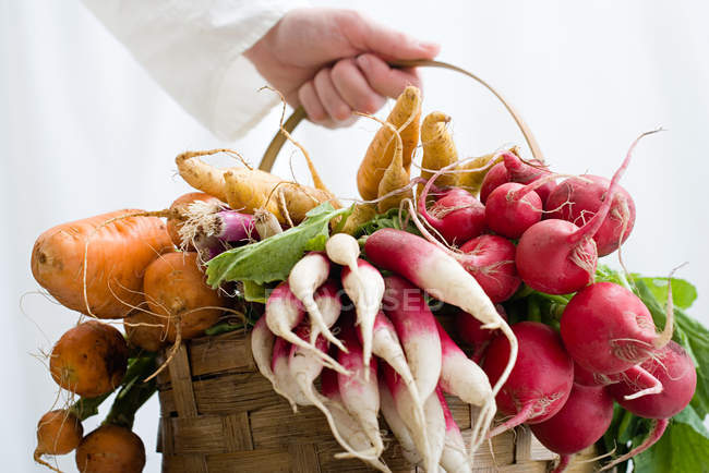 Mulher segurando cesta de legumes — Fotografia de Stock