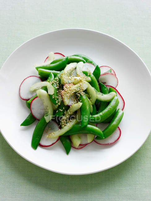 Plate of radish and snow pea salad — Stock Photo