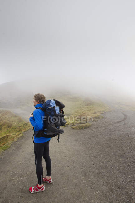 Caminante masculino mirando sobre el paisaje brumoso, Grindelwald, Suiza - foto de stock