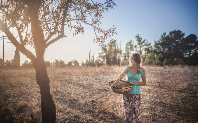 Ältere Frau hält Korb in Obstgarten — Stockfoto