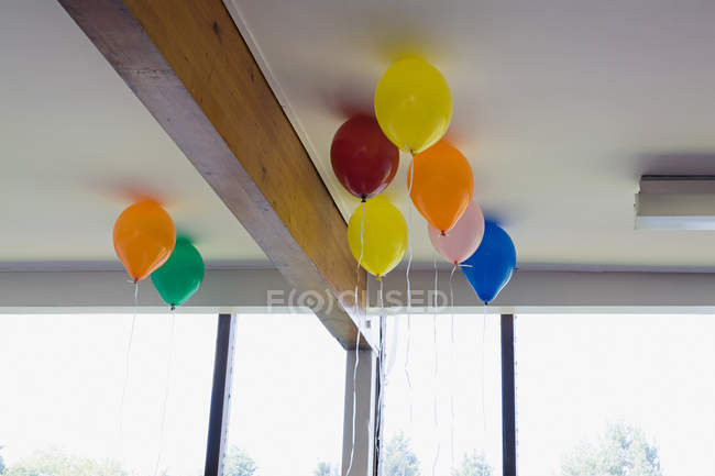 Ceiling decorated with colorful helium Balloons — Stock Photo