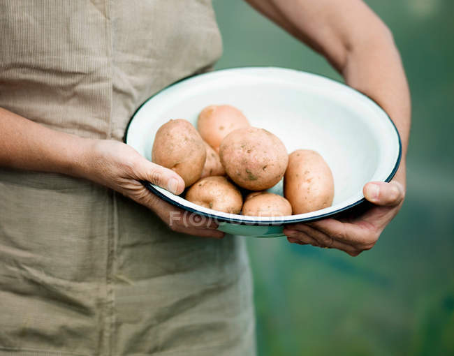 Close-up partial view of holding bowl of potatoes — Stock Photo