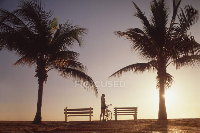 Woman standing with bicycle by palm trees — Stock Photo