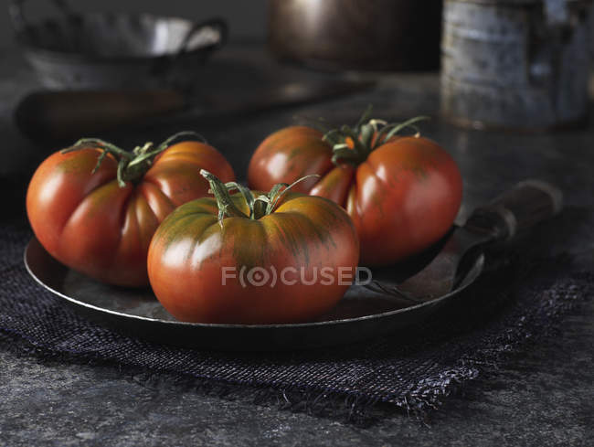 Red beef tomatoes on vintage metal plate — Stock Photo