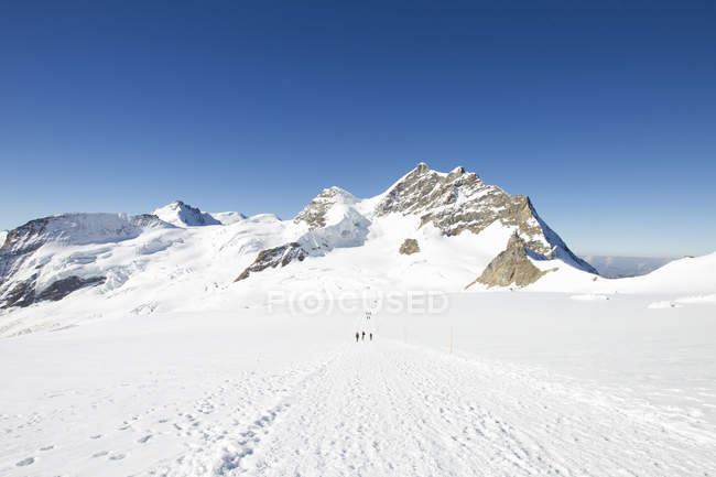 View of tracks in snow covered mountain landscape, Jungfrauchjoch, Grindelwald, Switzerland — Stock Photo