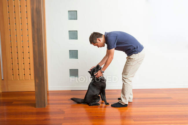 Чоловік гладить свого собаку. — стокове фото