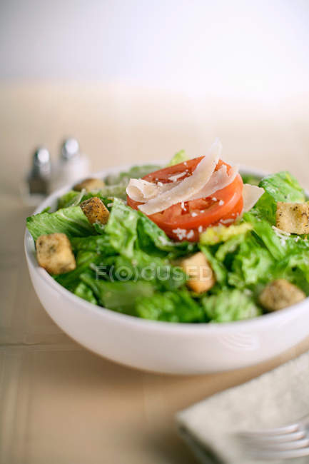 Bowl of salad with croutons — Stock Photo
