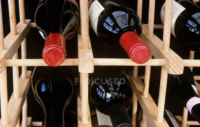 Botellas en el estante del vino, tiro de cerca - foto de stock