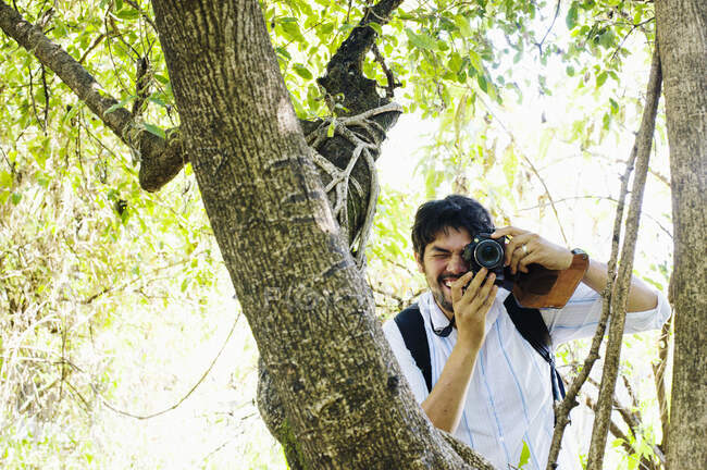 Hombre adulto fotografiando desde un árbol, Zambia - foto de stock
