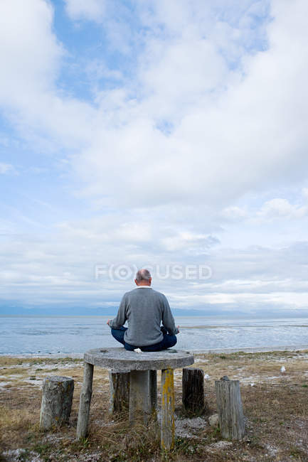 Задний вид зрелого человека, сидящего на столе у реки — стоковое фото