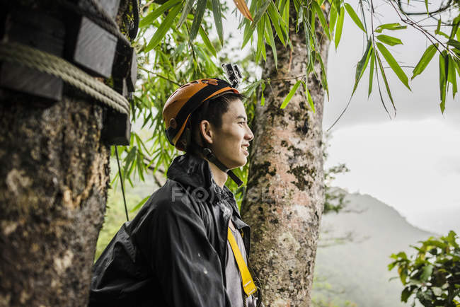 Joven hombre por árbol con casco de escalada y mirando hacia otro lado, Ban Nongluang, provincia de Champassak, Paksong, Laos - foto de stock