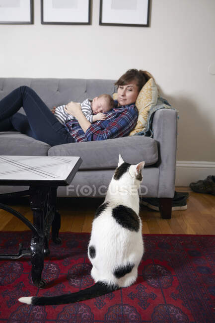 Mutter und Baby liegen auf Sofa und schauen Katze an — Stockfoto